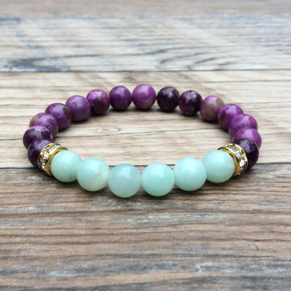 Amazonite bracelet featuring Sugilite, crystal healing